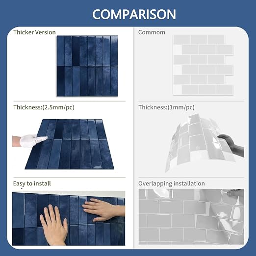 10 Sheets Upgraded Thicker Design Subway Tile Peel and Stick Backsplash | 12”×12”Self Adhesive Wall Tiles Stick on Back Splash for Kitchen,Bathroom,Camper(Blue)
