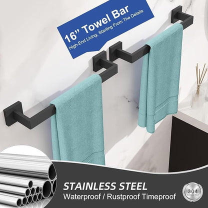 20-Pieces Bathroom Hardware Set Matte Black Bathroom Accessories Set SUS304 Towel Bar Set Includes 4 Towel Bar 16 Inch+4 Towel Holder+4 Toilet Paper Holder+8 Towel Hooks (20, Matte Black)