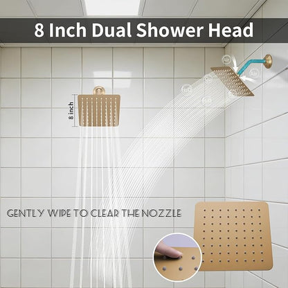16X26 inch Shower System Brushed Gold Shower Head and Handle Set | Temperature Display Shower Faucet with Dual 8 inch Shower Head, 6 Body Jet, Handheld Shower, 5 Functions Can All Run Together