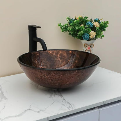 Sarlai Round Vessel Sink Tempered Glass Bathroom Vessel Sink with Faucet and Pop-up Drain Combo 16-1/2 x 16-1/2 Inch Brown Countertop Bathroom Sink Basin