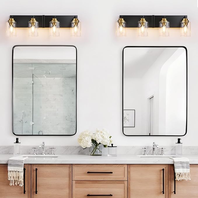 4-Light Black and Gold Bathroom Vanity Light, Clear Glass Shade | 27.5" Wall Mount Over Mirror Lighting Fixtures, Brushed Gold Finish, Durable Metal, Modern Farmhouse Style, for Bathroom