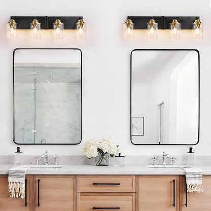 4-Light Black and Gold Bathroom Vanity Light, Clear Glass Shade | 27.5" Wall Mount Over Mirror Lighting Fixtures, Brushed Gold Finish, Durable Metal, Modern Farmhouse Style, for Bathroom
