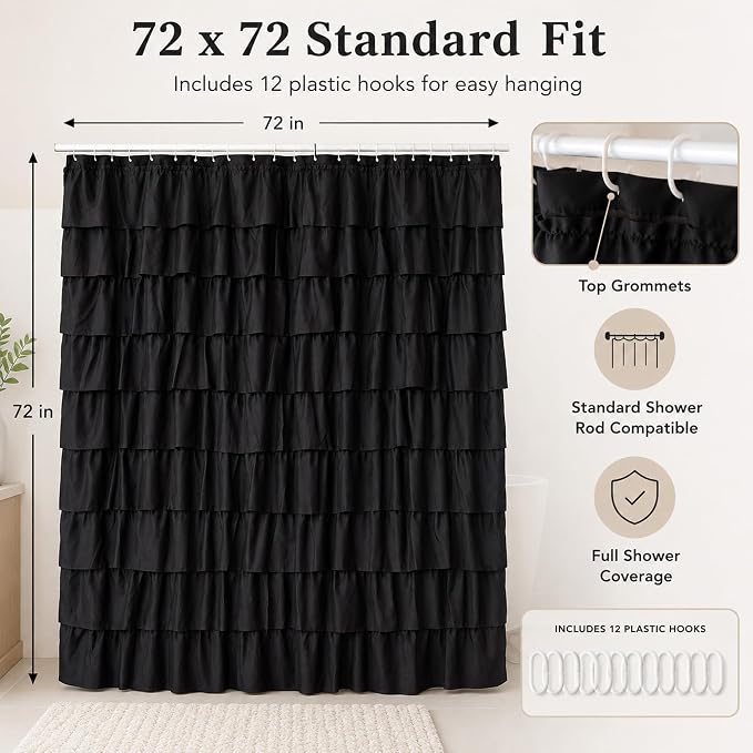 Black Ruffle Shower Curtain for Bathroom, 72x72, Cascading Layered Ruffles | Flowing Ruffle Drape, 72 x 72 inch, 7ft, 12 Plastic Hooks Included, Machine Washable, Soft Brushed Microfiber Fabric
