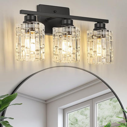 Refice 3-Light Bathroom Vanity Lights Crystal Glass, Black | Bathroom Light Fixtures Vanity Lighting Over Mirror for Living Room Farmhouse, Hallway