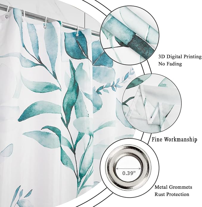 Teal Shower Curtain, Watercolor Eucalyptus Leaves Botanical Plants with Floral Bathroom Curtain Home Bathtub Decor Waterproof Fabric Machine Washable with 8 PCS Hooks,48" Wx72 L