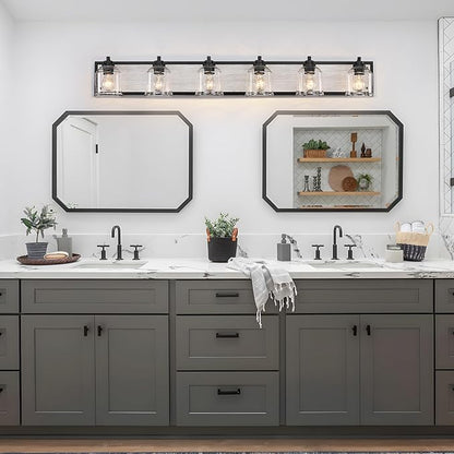 Vanity Lights for Bathroom Large 48 inch, Farmhouse Rustic Vanity Light with Bubble Glass Shades, Gray 6 Light Bathroom Lighting Fixtures Over Mirror, Bath Wall Sconce Home Decor