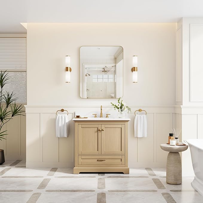 WELLFOR 36" Bathroom Vanity with Sink, Bathroom Freestanding Vanity W/ 2 Soft-Close Doors and 1 Soft-Close Drawers, Bathroom Cabinet Vanity with Cultured Marble Countertop (Oak)