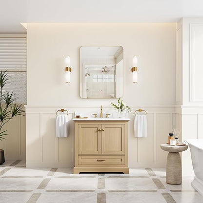 WELLFOR 36" Bathroom Vanity with Sink, Bathroom Freestanding Vanity W/ 2 Soft-Close Doors and 1 Soft-Close Drawers, Bathroom Cabinet Vanity with Cultured Marble Countertop (Oak)
