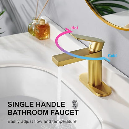 Gold Bathroom Faucet 1 Hole, Single Handle Bathroom Vanity Sink Faucet with Deck Plate & Metal Pop-Up Drain & Supply Lines, Gold Brushed Finish
