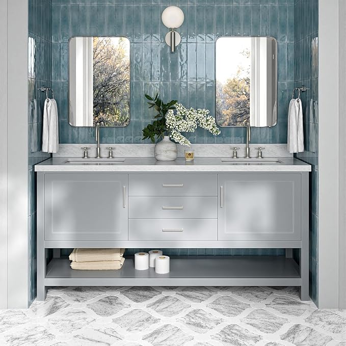 ARIEL Bayhill 72-inch Bathroom Vanity with Sink,Solid Wood, 1.5-inch Italian Carrara Marble Countertop, Double Rectangular Porcelain Sink, 2 Soft Closing Doors, 3 Dovetail Drawers, Grey