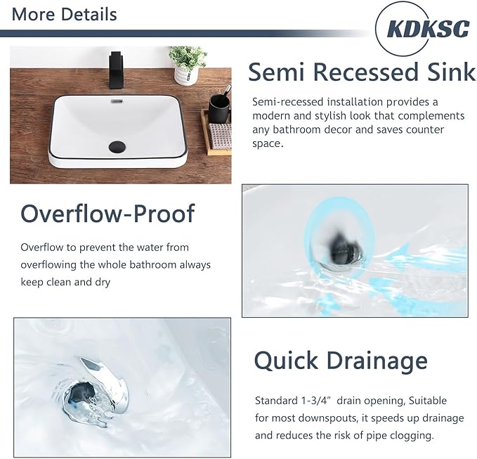Bathroom Vessel Sink 20.6'' x 14.7'' Semi Recessed Bathroom Sink Rectangular Drop In Sink with Overflow White with Black Trim Ceramic Modern Vessel Sinks for Bathroom