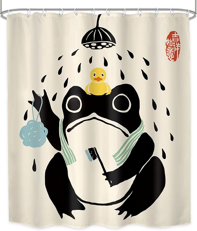 LGhtyro Funny Frog Shower Curtain Bathroom Set 60Wx71H Inches Asian Style Traditional Japanese Art Rubber Duck Cute Animal Bath Accessories Retro Black Beige Art Home Decor Fabric 12 Pack Hooks