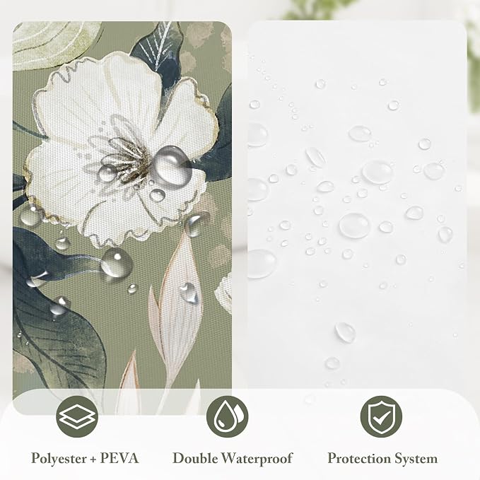 3 in 1 Green Floral Shower Curtain Set with PEVA Liner & 12 Hooks, 72 x 78 | Boho Tropical Botanical Style, Farmhouse Floral Fabric, Modern Hotel Inspired, Water‑Repellent, Machine Washable
