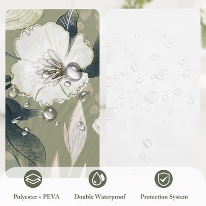 3 in 1 Green Floral Shower Curtain Set with PEVA Liner & 12 Hooks, 72 x 72 | Boho Tropical Botanical Style, Farmhouse Floral Fabric, Modern Hotel Inspired, Water‑Repellent, Machine Washable