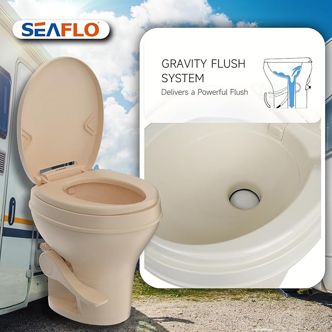 SEAFLO Bone-Colored Residential Height Camper/RV Toilet, 18.5” Height, Gravity Flush, Foot Pedal, Oversized Bowl, Soft-Close Seat, 4-Year Warranty