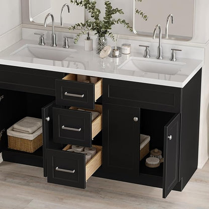 ARIEL Hamlet 60-inch Bathroom Vanity Base Cabinet,Solid Wood, 4 Soft Closing Doors, 3 Dovetail Drawers, Brushed Nickel, Black