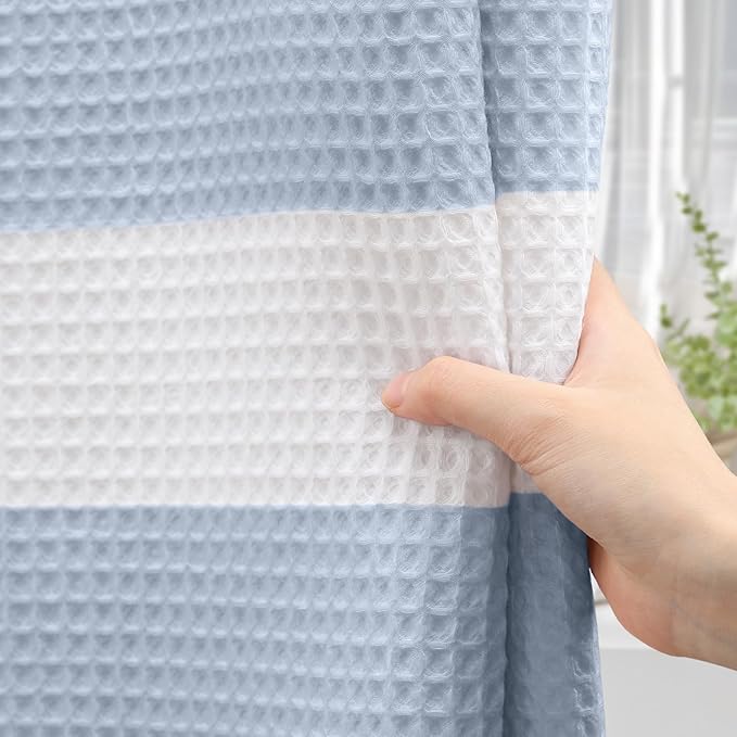 Light Blue Shower Curtain Cotton Waffle Stripe Shower Curtains for Bathroom 72"x72"