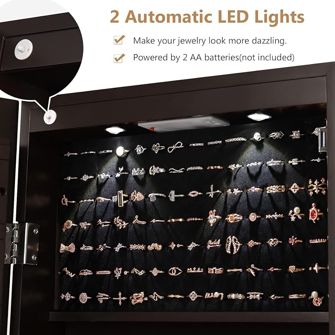 Moccha Wall Door Jewelry Armoire, Full Screen Jewelry Cabinet for Bedroom, Lockable Jewelry Cabinet, Jewelry Organizer Storage with 2 LED Lights and 2 Drawers, Brown