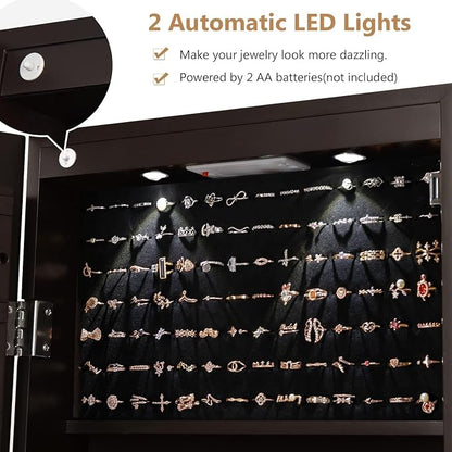 Moccha Wall Door Jewelry Armoire, Full Screen Jewelry Cabinet for Bedroom, Lockable Jewelry Cabinet, Jewelry Organizer Storage with 2 LED Lights and 2 Drawers, Brown