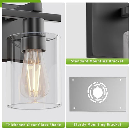 5-Light 37inch Matte Black Vanity Light, Thickened Clear Glass | Over Mirror for Bathroom, Rust Resistant, E26 Base, Easy Install, Removable Glass Shade Horizontal Mount, Dimmable