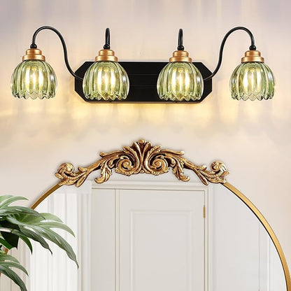 Vintage Bathroom Vanity Light, 4 Light Bathroom Lighting Fixtures Over Mirror, Mid Century Style Farmhouse Light Fixtures with Green Glass Shades, Black Finish Wall Mount for Bedroom , Living Room