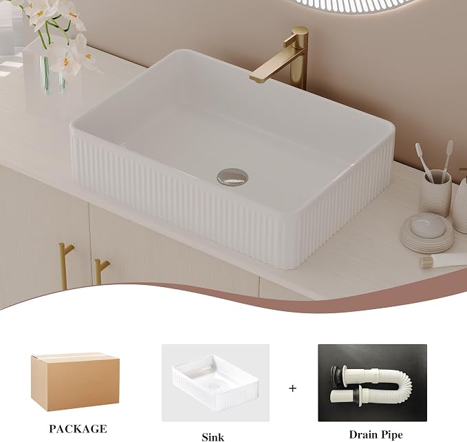 KEIKI 47" Bathroom Vanity with Sink, Modern Freestanding Vanity Cabinet with Ceramic Vessel Sink, Oak Wood Finish, Soft Closing Doors & Drawers, Gold Accent Base, White