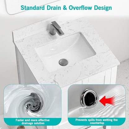 24"x22" Engineered Stone Bathroom Vanity Top with Rectangular Undermount Ceramic Sink, Single Faucet Hole with Backsplash Bathroom Vanity Sink Top (Cabinet Not Included)
