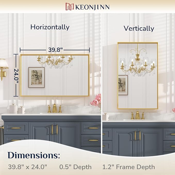 Keonjinn 40x24 Inch Gold Bathroom Mirror for Over Sink, Rectangular | HD Tempered Glass, Vanity Mirror, Brushed Framed, Square Corner, Modern Farmhouse, Wall Mounted Mirrors, Aluminum Alloy