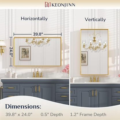 Keonjinn 40x24 Inch Gold Bathroom Mirror for Over Sink, Rectangular | HD Tempered Glass, Vanity Mirror, Brushed Framed, Square Corner, Modern Farmhouse, Wall Mounted Mirrors, Aluminum Alloy