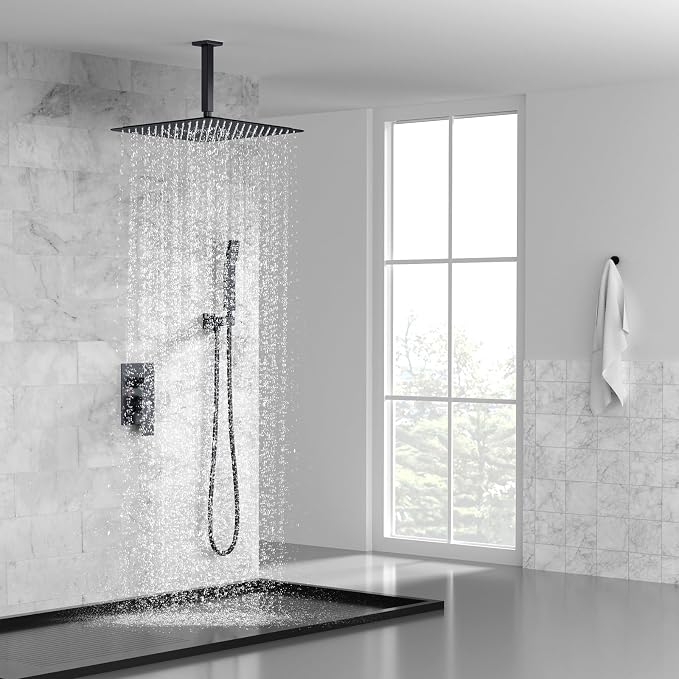 SR SUN RISE 16 Inches Matte Black Shower Set System Bathroom Luxury Rain Mixer Shower Combo Set Ceiling Mounted Rainfall Shower Head Faucet (Contain Shower Faucet Rough-In Valve Body and Trim)