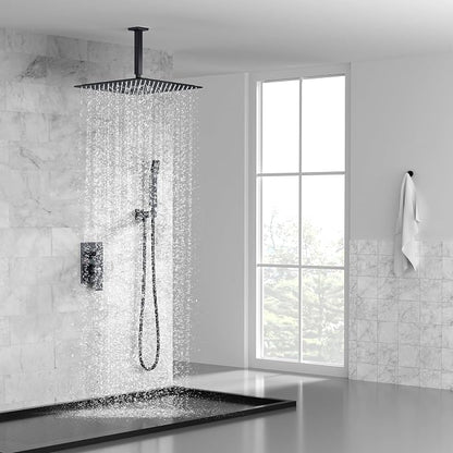 SR SUN RISE 16 Inches Matte Black Shower Set System Bathroom Luxury Rain Mixer Shower Combo Set Ceiling Mounted Rainfall Shower Head Faucet (Contain Shower Faucet Rough-In Valve Body and Trim)