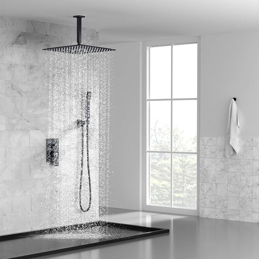SR SUN RISE 16 Inches Matte Black Shower Set System Bathroom Luxury Rain Mixer Shower Combo Set Ceiling Mounted Rainfall Shower Head Faucet (Contain Shower Faucet Rough-In Valve Body and Trim)