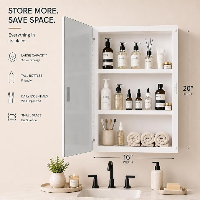 16x20 Plastic Medicine Cabinet with Mirror, Recessed or Surface Mount | 2 adjustable shelves, beveled mirror, soft-close reversible door, 95% assembled; cutout 13.8"W x 17.9"H x 3"D