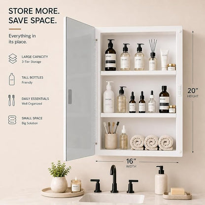 16x20 Plastic Medicine Cabinet with Mirror, Recessed or Surface Mount | 2 adjustable shelves, beveled mirror, soft-close reversible door, 95% assembled; cutout 13.8"W x 17.9"H x 3"D