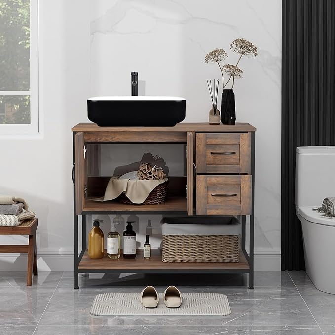 YOURLITE Bathroom Vanity, 36" Bathroom Vanity with Sink Combo Set, Rustic Farmhouse Modern Bathroom Cabinet with White and Black Ceramic Vessel Sink
