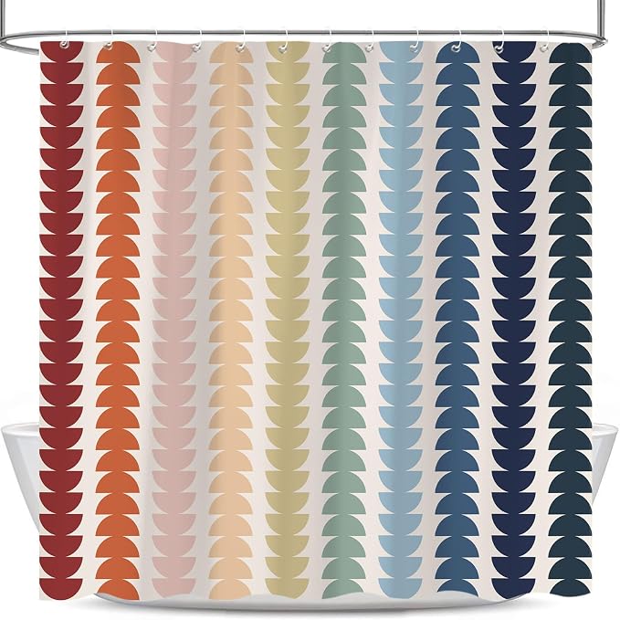 Modern Geometric Shower Curtain, Vintage Rainbow Mid-Century Abstract Art Design Bath Curtains for Bathroom, Colorful Semicircular Pattern Waterproof Polyester Fabric Bathroom Set 12 Hooks 72X84IN