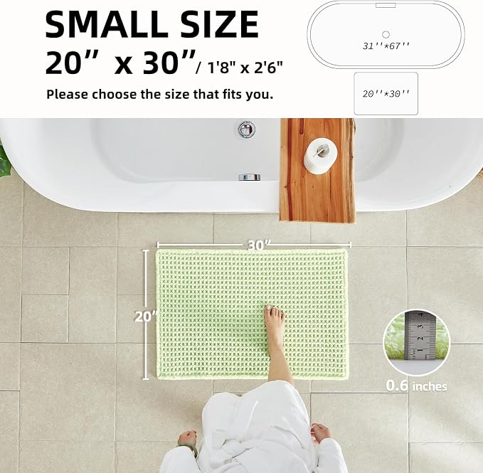 TYUU Waffle Bath Mat, Boho Bathroom Rugs Non Slip, 30x20 Pale Green | Super Absorbent Quick Dry Bath Rug, Non-Slip Backing, Soft Waffle Washable Farmhouse Bathroom Mats, Tub, Shower & Home Decor