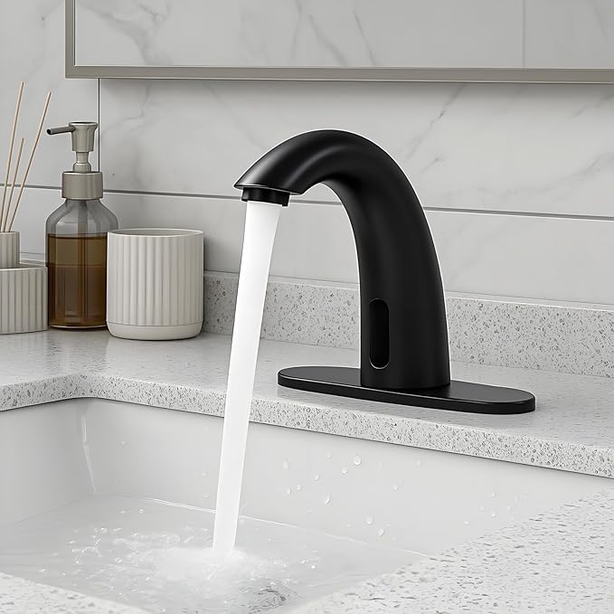 Touchless Bathroom Sink Faucet - Automatic Motion Sensor - Battery Operated for Commercial Lavotory Bathroom, Matte Black