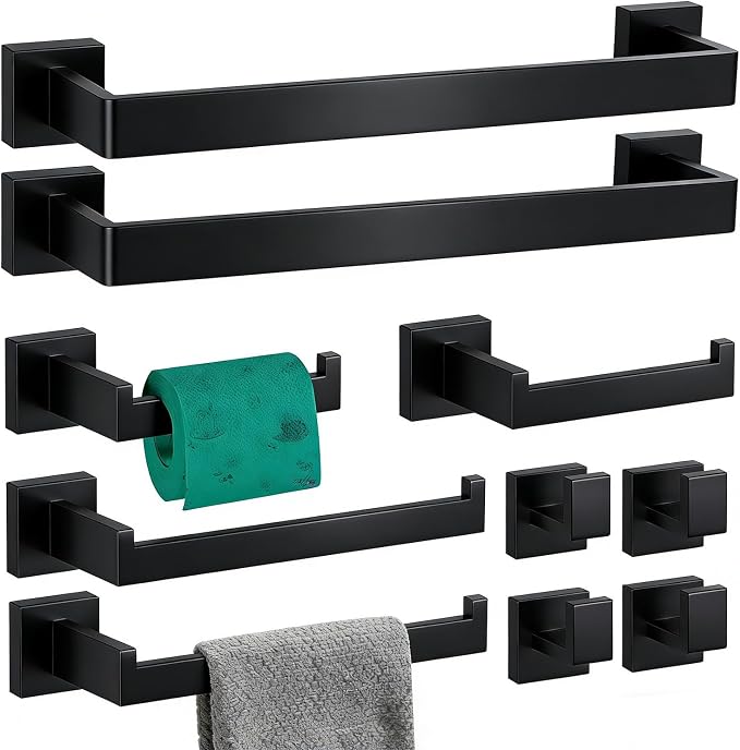 10-Pieces Bathroom Hardware Set Matte Black Bathroom Accessories Set SUS304 Towel Bar Set Includes 2 Towel Bar 16 Inch+2 Towel Holder+2 Toilet Paper Holder+4 Towel Hooks(10, Matte Black)