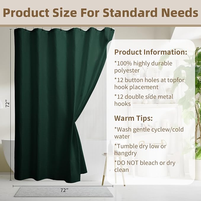 Siiluminisoy Shower Curtain and Liner Set, Waffle Shower Curtain Set with 12 Stainless Steel Hooks, Waterproof Luxury Fabric Shower Curtains for Bathroom and Hotel, Dark Green, 72" W x 72" H