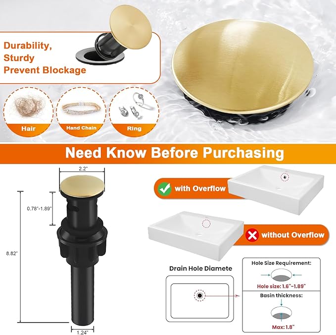Gold Bathroom Faucet, Waterfall Bathroom Sink Faucet, Single Hole Deck Mounted Single Handle Lavatory Vanity with Pop Up Drain Parts Mixer Tap Basin Modern Bath Brushed Gold