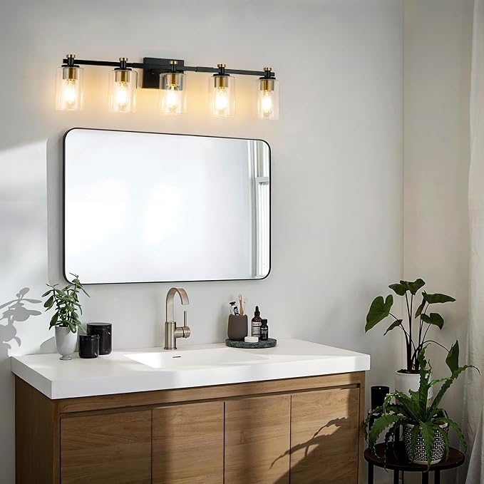 5 Light Bathroom Vanity Light Fixtures, Black and Gold with Clear Glass Shade, Modern Wall Sconce Over Mirror, Brushed Gold for Bathroom (E26 Base)
