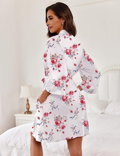 Ekouaer Women Kimono Robes Knee Length Knit Bathrobe Lightweight Soft Sleepwear V-neck Casual Ladies Loungewear