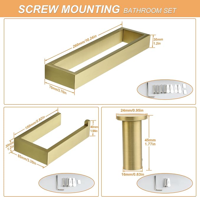 SAYAYO 6-Piece Bathroom Hardware Set Gold, Includes 10 Inch Towel Bar | Toilet Paper Holder & 4Pcs Coat Hooks Wall Mount, Towel Racks for Bathroom Accessories Set SUS304 Stainless Steel