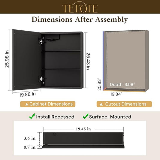 TETOTE 20 x 26 Lighted Bathroom Medicine Cabinet with Adjustable Shelves, Black Aluminum Cabinet, Anti-Fog Stepless Dimmable 3 Colors White/Warm/Natural, Easy to Install(Wall Mount/Recessed)