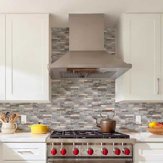 STICKGOO Peel and Stick Backsplash, PVC Wall Tiles Stick on Backsplash for Kitchen(10 Sheets, Distressed Wood with Metal Gold)