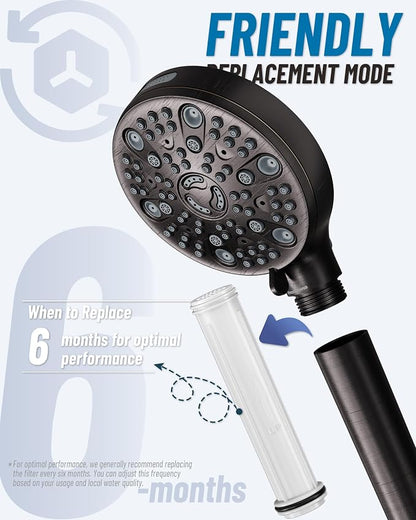 Filtered Handheld Shower Head for Hard Water, High Pressure Showerhead with 7 Spray Modes, Power Jet & Pause, Detachable & Adjustable for Healthier Skin & Hair - Oil Rubbed Bronze (VMASSTONE HM-003)