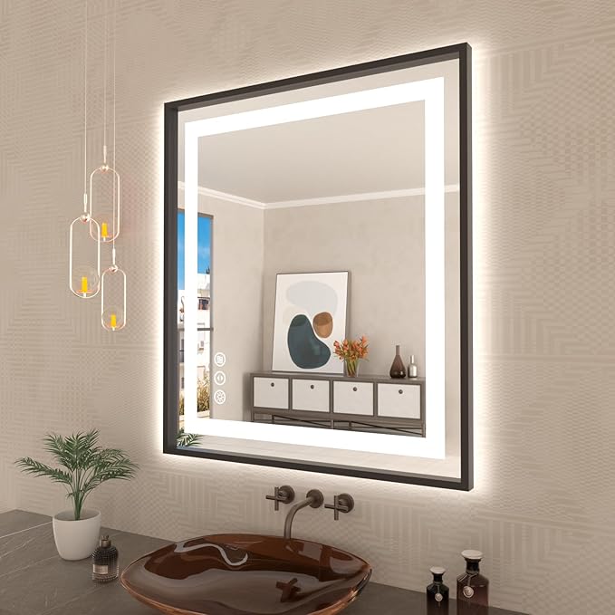 36"X32" LED Bathroom Mirror with Black Frame, Front Lit and Backlit | Metal Framed Mirror, Stepless Dimmable, HD Reflection, Anti-Fog, Shatter-Proof, Memory, 3 Colors Lighting, UL Listed.
