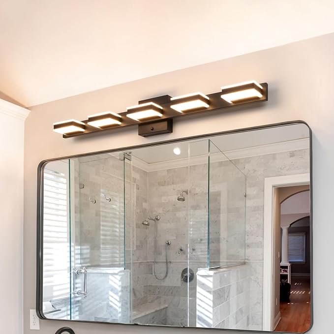 mirrea 32" 5 Light 3CCT LED Black Bathroom Vanity Light Fixture | Over Mirror,Bathroom Lighting,3000K/4000K/5000K ,Dimmable,Rust-resistant,Moisture-resistant,Acrylic shade,Wall Mount
