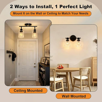 HiBay 2-Light Track Lighting Fixture Black, Glass Ceiling Wall Spotlight | Rotatable 2 Heads with Glass Shades, Modern Farmhouse Industrial, for Bedroom, Kitchen Sink, Loft, E26 Base